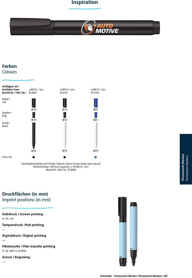 Permanent Marker 130Parlak yüzeyli opak plastik gövdeli kalıcı vurgulayıcı markör kalem. Karton, kağıt, plastik, cam, metal ve ahşap üzerinde kullanım için uygundur. Çabuk kuruyan, hafif ve suya dayanıklı. Kalem kapağı 2-3 gün boyunca takılı olmasa dahi kalem içindeki mevcut mürekkep kurumaz. 1-3 mm çizgi genişlikleri için yuvarlatılmış kalem ucu. Kalem *gövdesi %95 geri dönüştürülmüş plastikten üretilmektedir. Karbon salınımı olmadan üretim. Permanent marker in opaque plastics with shiny surface. For carton, paper, plastics, glass, metal and wood. Quick-drying, light and water resistant. Cap-off ink, can be kept open 2 to 3 days. Rounded tip for 1–3 mm. *Pen body made of 95% recycled plastic. Produced climate neutrally.