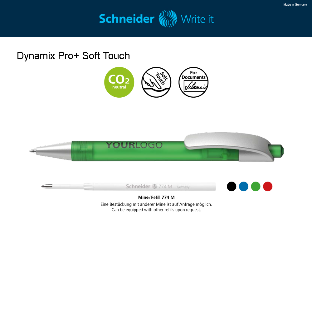 Dynamix Pro+ Soft Touch Şeffaf ya da opak plastik gövdeli basmalı tükenmez kalem. Üst kısmı mat lakeli yumuşak dokunuşlu yüzeye sahiptir. Klipsi ve ucu yüksek kaliteli lakelidir. Schneider 774 M refil içerir. Karbon salınımı olmadan üretim. ------------------- Druckkugelschreiber aus transparentem oder opakem Kunststoff. Oberteil mit mattierter Soft Touch-Lackierung. Hochwertig lackierte Cliphülse und Spitze. Ausgestattet mit Schneider-Mine 774 M. Klimaneutral hergestellt. ------------------- Retractable ballpoint pen available in transparent or opaque plastics. Upper part with matt lacquered soft touch surface. High-quality lacquered clip and tip. Equipped with Schneider refill 774 M. Produced climate neutrally. ------------------- Автоматическая шариковая ручка из прозрачной или непрозрачной пластмассы. Корпус с матовым покрытием Soft- Touch. Высококачественно лакированные гильза с клипом и наконечник. Стержень Schneider 774 M. Производится климатически нейтрально.
