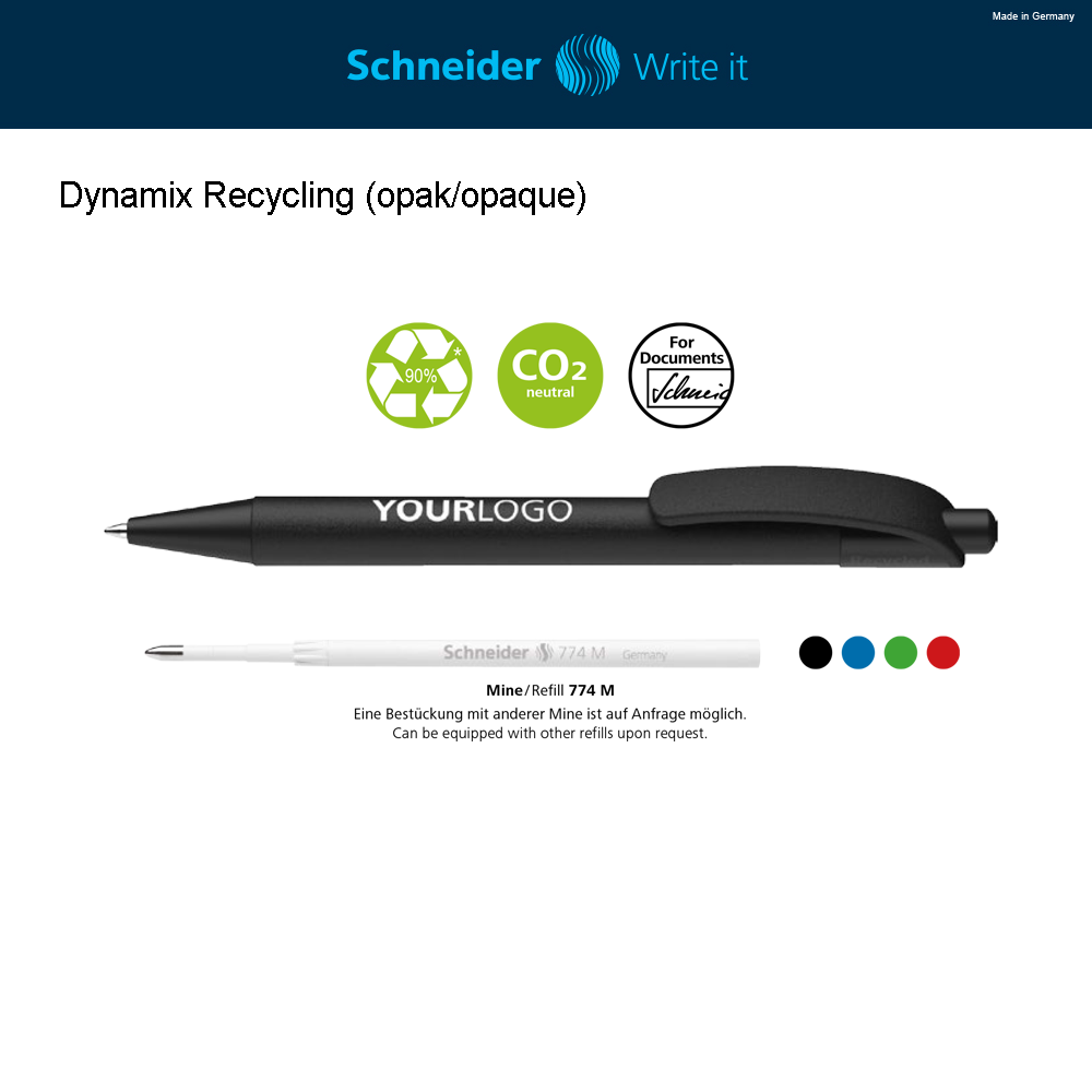 Dynamix Recycling (opak / opaque) Mat yüzeyli opak plastik gövdeli basmalı tükenmez kalem. Kalem *gövdesi %90 (opak) geri dönüştürülmüş plastikten üretilmektedir. Kalem *gövdesi %90 (opak) veya %73 (şeffaf) geri dönüştürülmüş plastikten yapılmıştır. Karbon salınımı olmadan üretim. --------------------- Druckkugelschreiber aus opakem Kunststoff mit fein mattierter Oberfläche. Ausgestattet mit Schneider-Mine 774 M. *Gehäuse zu > 90 % (opak) aus Recycling-Kunststoff. Klimaneutral hergestellt. --------------- Retractable ballpoint pen available in opaque plastics with matt surface. Equipped with Schneider refill 774 M. *Pen body made of >90 % (opaque) recycled plastic. Produced climate neutrally. -------------------- Автоматическая шариковая ручка из непрозрачной пластмассы с матовой поверхностью. Корпус* состоит на > 90% из переработанной пластмассы. Корпус* состоит на > 90% (непрозрачный вариант) или на 73% (прозрачный вариант) из переработанной пластмассы. Производится климатически нейтрально.