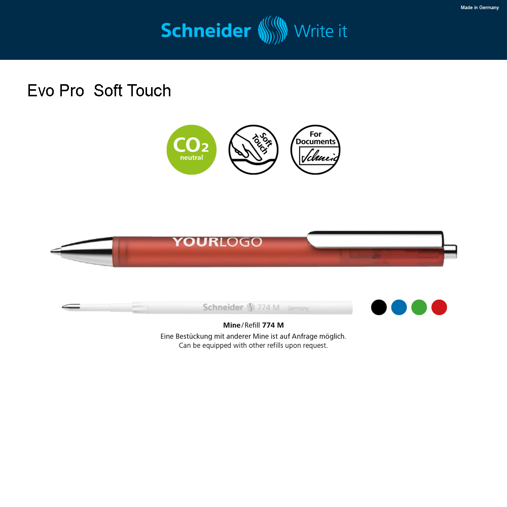 Evo Pro Soft Touch Şeffaf ya da opak plastik gövdeli basmalı tükenmez kalem. Üst kısmı mat lakeli yumuşak dokunuşlu yüzeye sahiptir. Namlu ucu, klips ve basma tuşu metaldir. Schneider 774 M refil içerir. Karbon salınımı olmadan üretim. --------------------- Druckkugelschreiber aus transparentem oder opakem Kunststoff. Oberteil mit mattierter Soft Touch-Lackierung. Gehäusespitze, Clip und Druckknopf aus Metall. Ausgestattet mit Schneider-Mine 774 M. Klimaneutral hergestellt. --------------------- Retractable ballpoint pen available in transparent or opaque plastics. Upper part with matt lacquered soft touch surface. Barrel tip, clip and push button in metal. Equipped with Schneider refill 774 M. Produced climate neutrally. --------------------- Автоматическая шариковая ручка из прозрачной или непрозрачной пластмассы. Корпус с матовым покрытием Soft- Touch. Наконечник, клип и кнопка изготовлены из металла. Стержень Schneider 774 M. Производится климатически нейтрально.