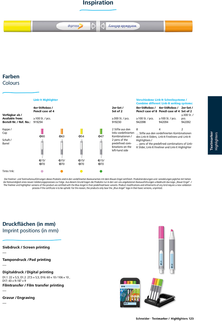 Link-It Highlighter İki kalemi akıllıca birbirine bağlayan ilk modüler sistem. 1 + 4 mm çizgi genişlikleri için özel kalem ucu. Kalem *gövdesi > %85 biobazlı plastikten üretilmektedir. Karbon salınımı olmadan üretim. Click! The first modular system that cleverly links two pens. Awarded with the world's best-known eco-label "Blue Angel". Chisel tip for line widths 1+4 mm. *Pen body made of > 85% biobased plastic. Produced climate neutrally.