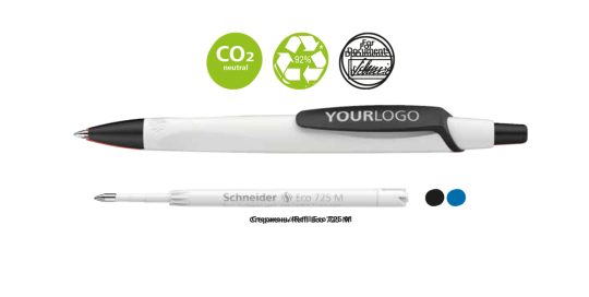Reco (Variante/model „Max”) Dünyanın en ünlü eko-etiketi "Blue Angel" ödülüne layık görülen ilk tükenmez kalem. Dinamik tasarım ve zarif mat saten yüzey. Daha büyük baskı alanına sahip "Max" modeli. %95 geri dönüştürülmüş plastikten yapılmış gövdeye sahip değiştirilebilir dev yedek Eco 725 M. -------------------- First ballpoint pen in the world that has been awarded the most famous eco-label "Blue Angel". Dynamic design with elegant matt satin surface. Model "Max" with larger printing area. Replaceable giant refill Eco 725 M with barrel made of 95% recycled plastic. --------------------- Erster Kugelschreiber, der mit dem weltweit bekanntesten Umweltzeichen "Blauer Engel" ausgezeichnet ist. Dynamisches Design mit elegant matt schimmernder Oberfläche. Variante „Max“ mit größerer Druckfläche. Auswechselbare Großraummine Eco 725 M mit einem Gehäuse aus 95 % recyceltem Kunststoff. *Gehäuse aus 92 % recyceltem Kunststoff. Klimaneutral hergestellt. --------------------- Первая шариковая ручка, отмеченная самым известным в мире экологическим знаком "Голубой Ангел". Динамичный дизайн с элегантной матовой переливающейся поверхностью. Вариант "Max" отличает бóльшая поверхность для нанесения. Объемный стержень Schneider Eco 725 M с корпусом, состоящим на 95 % из переработанной пластмассы. Корпус* состоит на 92% из переработанной пластмассы. Производится климатически нейтрально.
