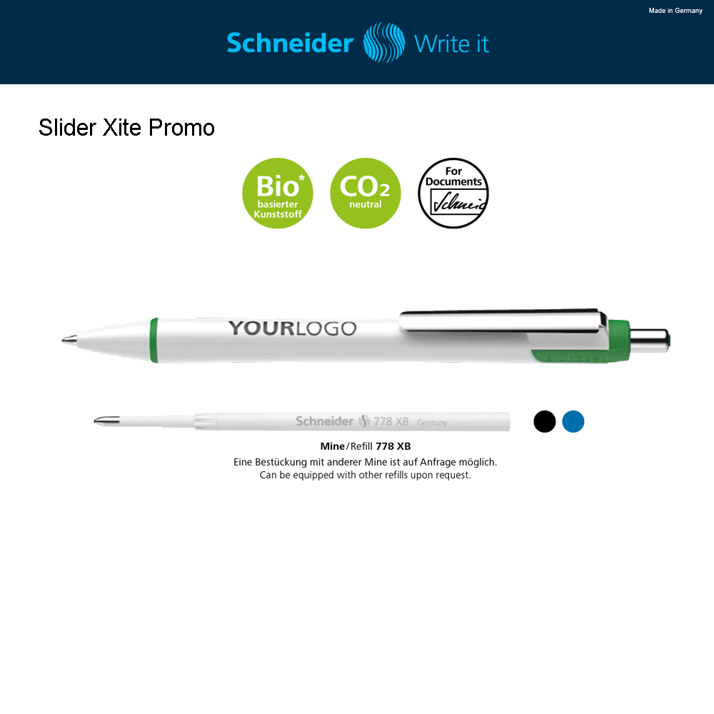 Slider Xite Promo Parlak yüzeyli olan opak plastik gövdeli basmalı tükenmez kalem. Viscoglide® teknolojisi olağanüstü kolay, düzgün ve kaygan yazı yazma sağlar. Hafif içbükey biçimli kalem gövdesi ve dayanıklı metal klips. Dekoratif halka ve kalemin üst bölümü renkleriyle dikkat çekiyor. Schneider 778 XB refil içerir. Kalem *gövdesi > %70 biobazlı plastikten üretilmekte olan basmalı tükenmez kalem. Karbon salınımı olmadan üretim. Druckkugelschreiber mit weißem Gehäuse. Zierring und Schaftverlängerung farblich abgesetzt. Die Viscoglide®-Technologie sorgt für außergewöhnlich weiches und gleitendes Schreiben. Leicht konkav geformter Schaft und stabiler Metallclip. Ausgestattet mit Schneider-Mine 778 XB.*Gehäuse aus 70 % biobasiertem Kunststoff. Klimaneutral hergestellt. --------------------- Ballpoint pen with white pen body. Decorative ring and barrel extention can clearly be distinguished in terms of colour. The Viscoglide® technology ensures extraordinarily smooth and gliding writing. Slightly concave-shaped barrel and sturdy metal clip. Equipped with Schneider refill 778 XB. *Pen body made of 70% biobased plastics. Produced climate neutrally. -------------------- Автоматическая шариковая ручка из непрозрачной пластмассы с глянцевой поверхностью. Технология Viscoglide® обеспечивает необычайно легкое и скользящее письмо. Слегка вогнутый корпус. Прочный клип изготовлен из металла. Декоративное кольцо и пробка выделены цветом. Стержень Schneider 778 XB. Корпус*, состоящий на > 70% из пластмассы на основе биосырья. Производится климатически нейтрально.