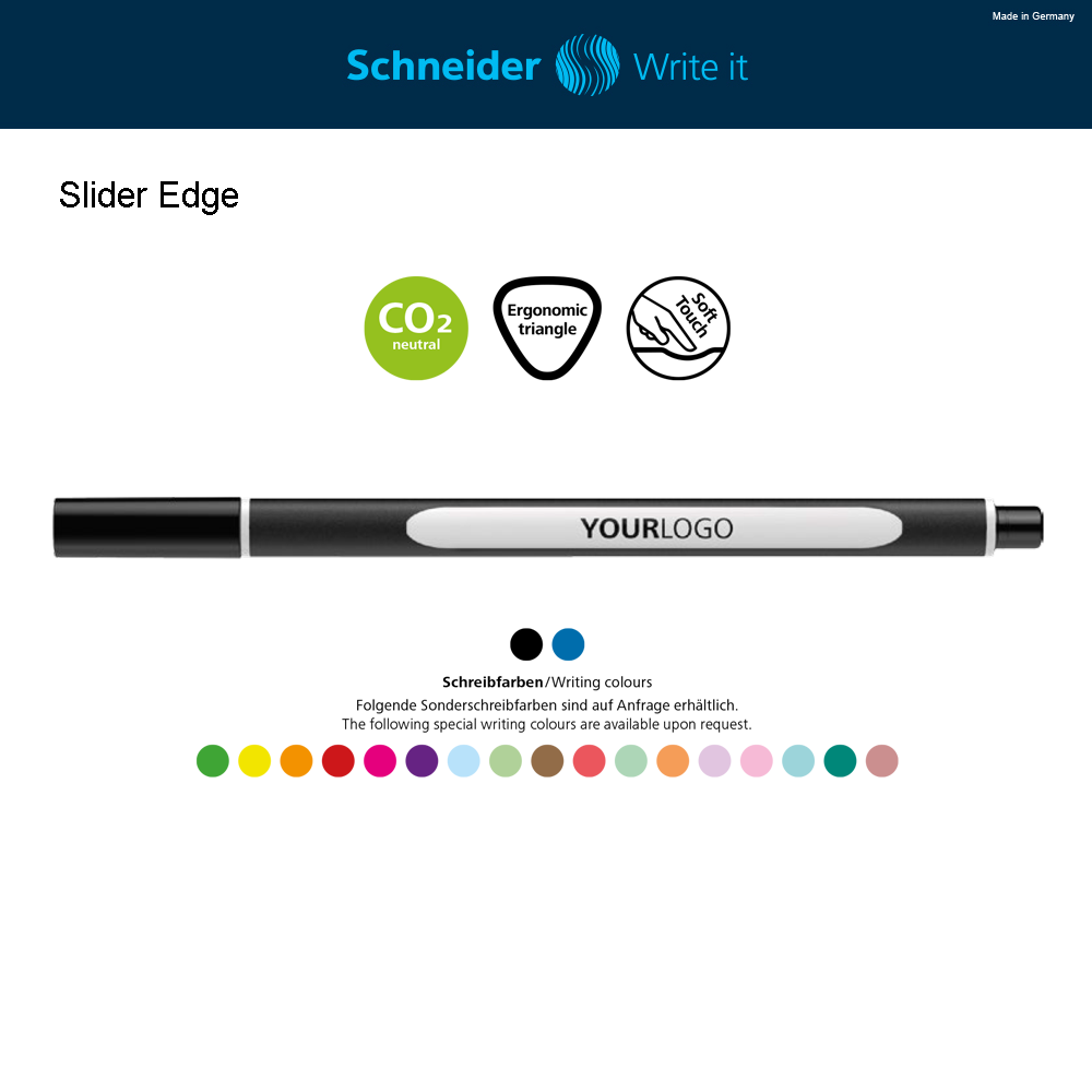 Slider Edge Olağanüstü düzgün ve kaygan yazma sağlayan Viscoglide® teknolojisine sahip tükenmez kalem. Kauçuk kullanılmış olan üç taraflı kalem gövdesi rahat yazı yazmak için tasarlanmıştır. Paslanmaz çelikten yapılmış aşınmaya dayanıklı ekstra geniş (XB) yazma ucu. Karbon salınımı olmadan üretim. -------------------- Kugelschreiber mit Viscoglide®-Technologie für außergewöhnlich leichtes und gleitendes Schreiben. Der großzügig gummierte Dreikantschaft ermöglicht eine entspannte und sichere Schreibhaltung. Extrabreite (XB) verschleißfeste Schreibspitze aus Edelstahl. Klimaneutral hergestellt. ------------------- Ballpoint pen with Viscoglide® technology for extraordinarily smooth and gliding writing. A generously rubberised three- sided barrel is designed for relaxed writing. Extra wide (XB) wear resistant writing tip in stainless steel. Produced climate neutrally. -------------------- Шариковая ручка с использованием технологии Viscoglide® для необычайно легкого и скользящего письма. Трехгранный прорезиненный корпус обеспечивает уверенное и комфортное положение в руке. Особо широкий наконечник из износостойкой нержавеющей стали (XB). Производится климатически нейтрально.