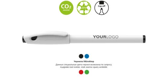Topball 857 Recycling Mat yüzeyli opak plastik gövdeli roller kalem. Kalem kapağı 2-3 gün boyunca takılı olmasa dahi kalem içindeki mevcut mürekkep kurumaz. 0.6 mm metal uç. Rollerball in opaque plastics with matt surface. Cap-off ink, can be kept open 2 to 3 days. Metal tip 0.6 mm.