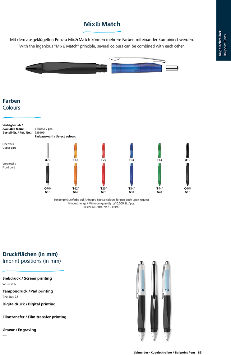 Haptify Şeffaf veya opak plastik gövdeli basmalı tükenmez kalem. Parlak yüzey ve lastik kaplı üç kenarlı kaymayı önleyici alan. Metal klips ve basma düğmesi. Schneider 774 M refil içerir. Karbon salınımı olmadan üretim. --------------------- Druckkugelschreiber aus transparentem oder opakem Kunststoff, glänzender Oberfläche und einer rutschfest gummierten Dreikant-Griffzone. Clip und Druckknopf aus Metall. Ausgestattet mit Schneider-Mine 774 M. Klimaneutral hergestellt. -------------------- Retractable ballpoint pen available in transparent or opaque plastics, shiny surface and with a rubberised three-edged anti- slip grip zone. Metal clip and push button. Equipped with Schneider refill 774 M. Produced climate neutrally. --------------------- Автоматическая шариковая ручка из прозрачной или непрозрачной пластмассы с глянцевой поверхностью и трехгранной прорезиненной зоной упора для пальцев. Клип и кнопка изготовлены из металла. Стержень Schneider 774 M. Производится климатически нейтрально.
